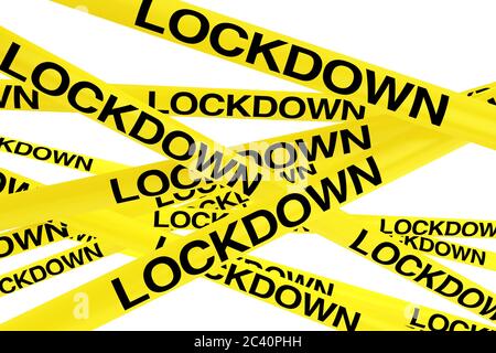 Lockdown Quarantine Zone Yellow Tape Strips on a white background. 3d Rendering Stock Photo