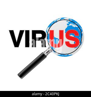 Magnifier Glass Focused on Red Us Sign in Virus Word with Earth Globe on a white background. 3d Rendering Stock Photo