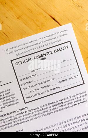 View of a voter's paper absentee ballot on a table, New York, NY, USA, 23 June 2020. Stock Photo
