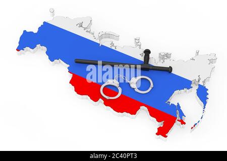 Police State Concept. Metal Handcuffs with Black Rubber Police Baton or Nightstick over Russia Flag and Map on a white background. 3d Rendering Stock Photo