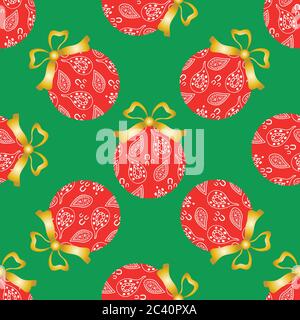 Cheerful paisley baubles vector seamless pattern background. Decorative Christmas tree ornaments with gold bows on green backdrop. Hand drawn doodle Stock Vector