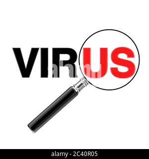 Magnifier Glass Focused on Red Us Sign in Virus Word on a white background. 3d Rendering Stock Photo