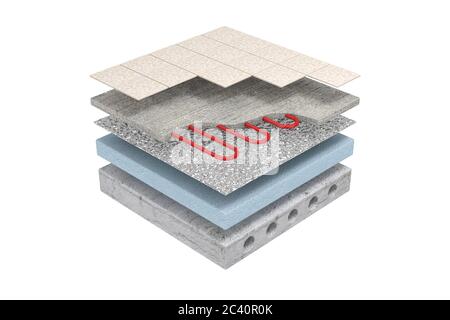 Layers of Floor Heating System Partly Under Ceramic Tiles on a white background. 3d Rendering Stock Photo