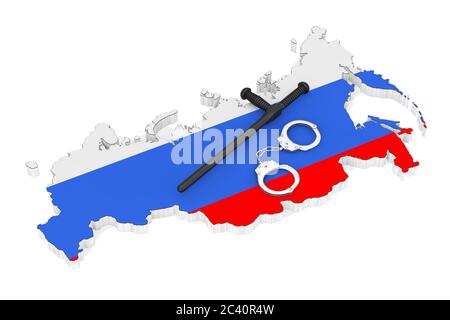 Police State Concept. Metal Handcuffs with Black Rubber Police Baton or Nightstick over Russia Flag and Map on a white background. 3d Rendering Stock Photo