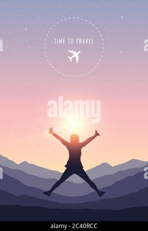 happy girl with raised arms jumps at mountain landscape vector illustration EPS10 Stock Vector