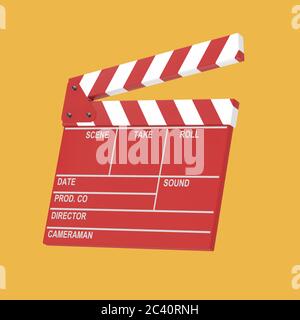 Red Movie Production Clapper Board on a yellow background. 3d Rendering Stock Photo