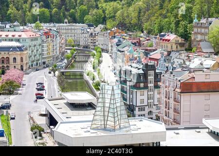 View of street  with hot spring colonnade Vridlo in Karlovy Vary. Czech Republic. 01/05/2020 year Stock Photo