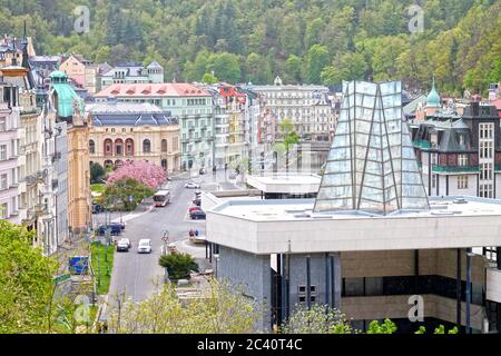 View of street  with hot spring colonnade Vridlo in Karlovy Vary. Czech Republic. 01/05/2020 year Stock Photo