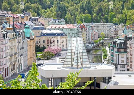 View of street  with hot spring colonnade Vridlo in Karlovy Vary. Czech Republic. 01/05/2020 year Stock Photo