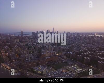 Wide Aerial Drone View of Manhattan Skyline in New York City at Dusk HQ ...