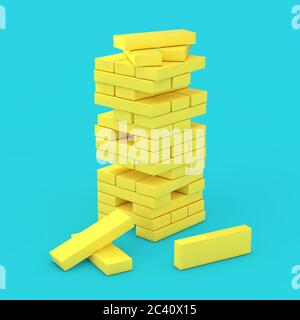 Stack of Yellow Brick Block Cubes in Duotone Style on a blue background. 3d Rendering Stock Photo