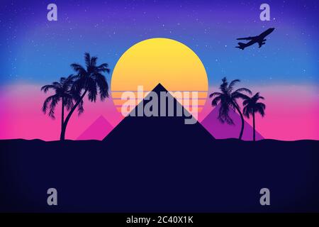 Travel to Egypt Concept. 80s Synthwave Styled landscape with Pyramids, Palms, Sun and Airplane extreme closeup. 3d Rendering Stock Photo