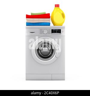 Silver Modern Washing Machine with Detergent Bottle and Pile of Clothes on a white background. 3d Rendering Stock Photo