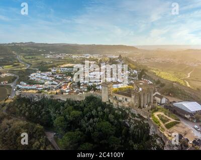 Aerial view of Obidos with historic walls and castle, Leiria District, Portugal Stock Photo