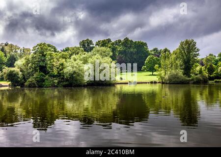Sunlit patch of grass during a  stormy day in Abington Park looking across the lake towards the town, Northampton, England, UK. Stock Photo