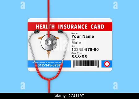 Health Insurance Medical Card Concept with Stethoscope on a blue background. 3d Rendering Stock Photo