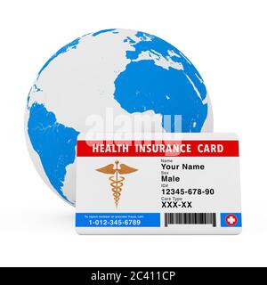 Health Insurance Medical Card Concept in front of Earth Globe on a white background. 3d Rendering Stock Photo