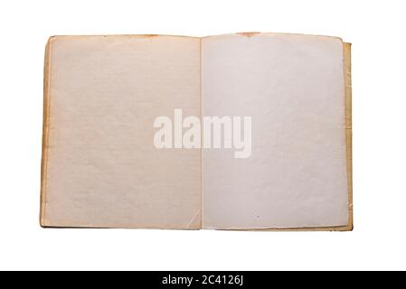 Open aged vintage notebook, blank notepad isolated on white background Stock Photo
