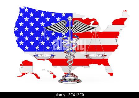 Medical Caduceus Symbol as Scales in front of USA Map on a white background. 3d Rendering Stock Photo