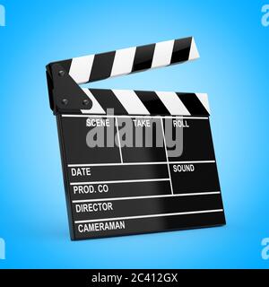 Movie Slate Clapper Board on a blue background. 3d Rendering Stock Photo