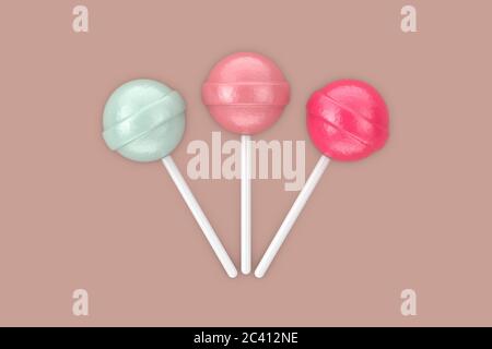 Sweet Candy Multicolour Lollipops on a brown background. 3d Rendering Stock Photo