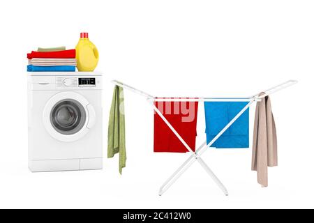 Clothes over White Folding Metal Clothes Drying Rack near White Modern Washing Machine with Detergent Bottle and Pile of Clothes on a white background Stock Photo