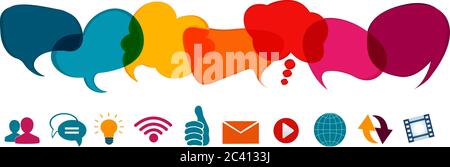 Social network concept. Speech bubble and online communication symbols. Communication dialogue and sharing of ideas data information news and thoughts Stock Vector