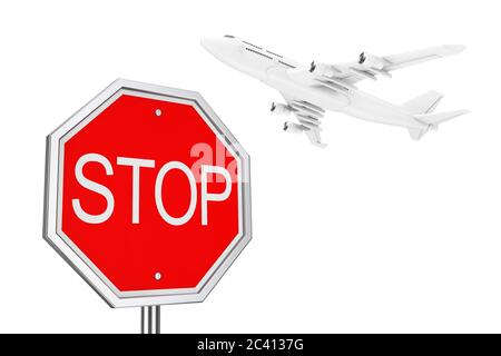 Stop Traffic Sign with White Jet Passenger's Airplane on a white background. 3d Rendering Stock Photo