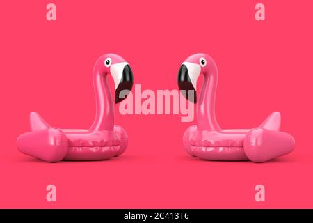 Summer Swimming Pool Inflantable Rubber Pink Flamingo Toy on a pink background. 3d Rendering Stock Photo