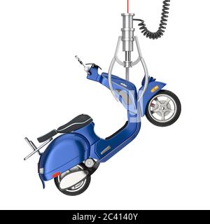 Winner Concept. Blue Classic Vintage Retro or Electric Scooter in Chrome Robotic Claw on a white background. 3d Rendering Stock Photo