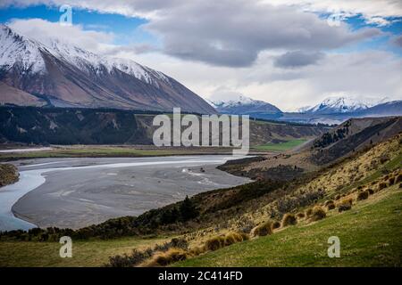 Scenic view at Rakaia Gorge, New Zealand with mount Hutt at the background