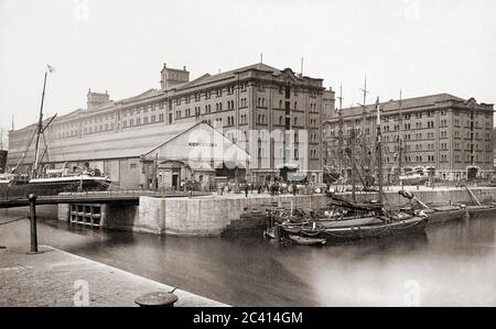 Waterloo Dock on the River Mersey, Liverpool, England showing the Waterloo warehouses in the late 19th century.  After a work by an unknown photographer, possibly Francis Frith or one of his employees. Stock Photo