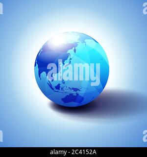 China, Japan, Malaysia, Thailand, Indonesia, Australia, Asia, Globe Icon 3D illustration, Glossy, Shiny Sphere with Global Map in Subtle Blues giving Stock Vector