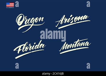 Set of the names of the states of America written with a brush. Stock Vector