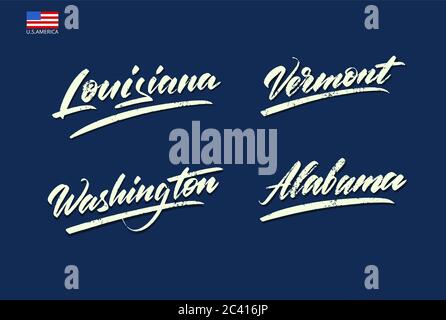 Set of the names of the states of America written with a brush. Stock Vector