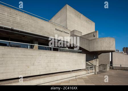 View of terrace and stairway. National Theatre, Lambeth, United Kingdom. Architect: Denys Lasdun, 1975. Stock Photo