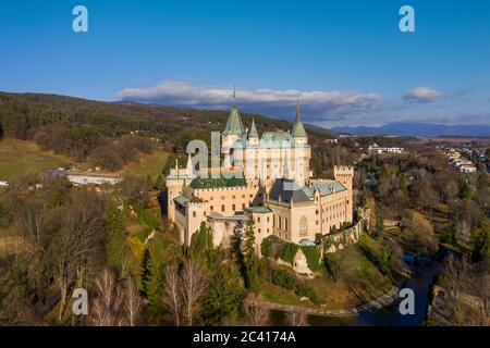 Aerial view of romantic medieval European castle in Bojnice, Slovakia Stock Photo