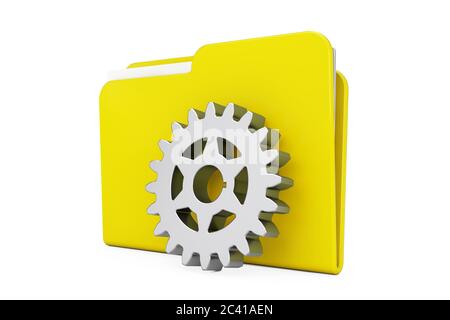 Chrome Gear Wheel in Front of Yellow Folder Icon on a white background. 3d Rendering Stock Photo