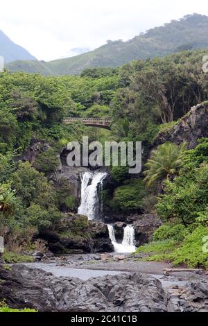 Two waterfalls of the Seven Sacred Pools, O'heo Gulch, in Haleakala National Park, Maui, Hawaii, USA Stock Photo