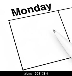 Pen over Monday Calendar Scheduler Cell with Empty Space for Your Design extreme closeup. 3d Rendering Stock Photo