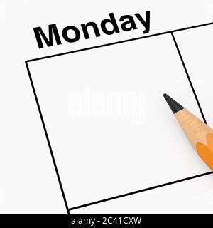 Pencil over Monday Calendar Scheduler Cell with Empty Space for Your Design extreme closeup. 3d Rendering Stock Photo