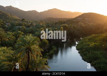 View of an oasis seen from Mulege Mission. Stock Photo