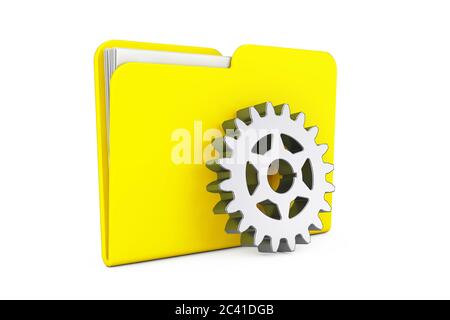 Chrome Gear Wheel in Front of Yellow Folder Icon on a white background. 3d Rendering Stock Photo