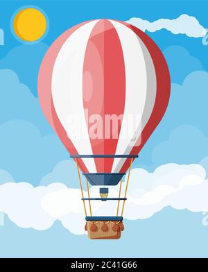 Hot air balloon in the sky with clouds and sun. Vintage air transport. Aerostat with basket. Flat vector illustration Stock Vector