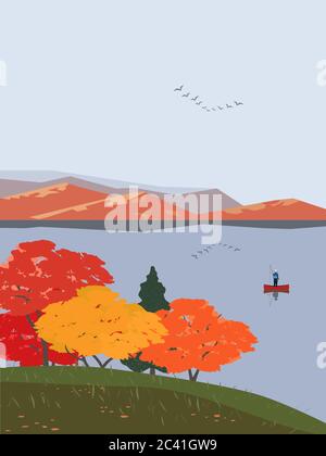Autumn mountains lake landscape flat vector Stock Vector