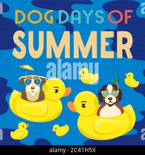 Dog days of Summer Time for adventure. Cute comic cartoon. Colorful humor retro style. Canine in sunglasses enjoy beach leisure relax. Summertime vaca Stock Vector