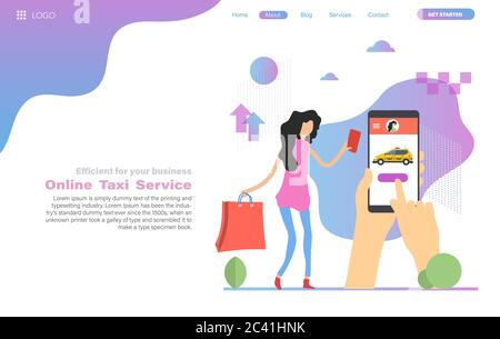 Vector web header template of pretty woman call a taxi by phone Stock Vector