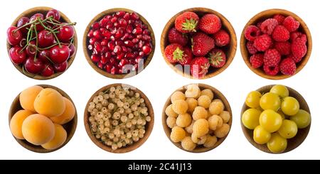 Yellow and red berries isolated on white background. Collage of different fruits and berries. Cherry, strawberry, pomegranate, red currant, raspberry, Stock Photo