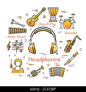 Vector linear banner for music - vocal headphones Stock Vector