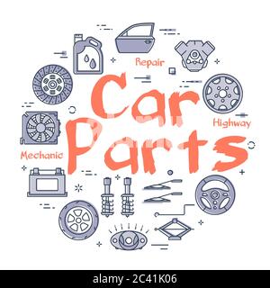 Vector white line round banner of car parts Stock Vector